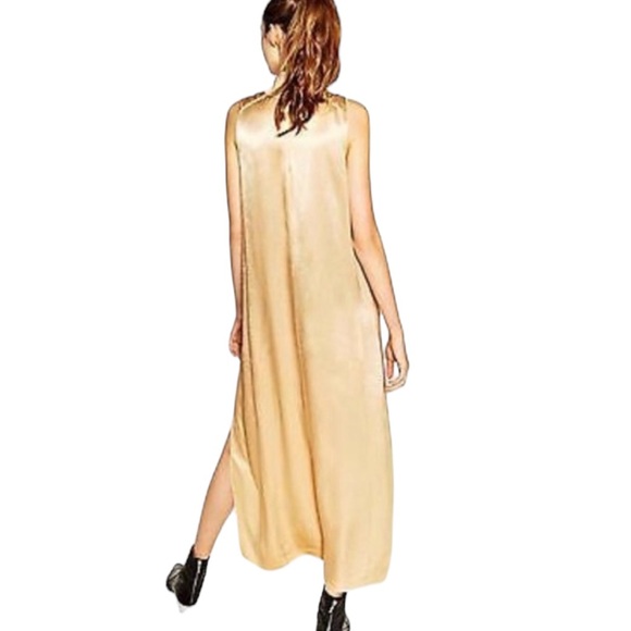 NWT Zara Light Gold Beige Satin High Neck Sleeveless Rayon Slip Maxi Dress - S - Picture 2 of 16